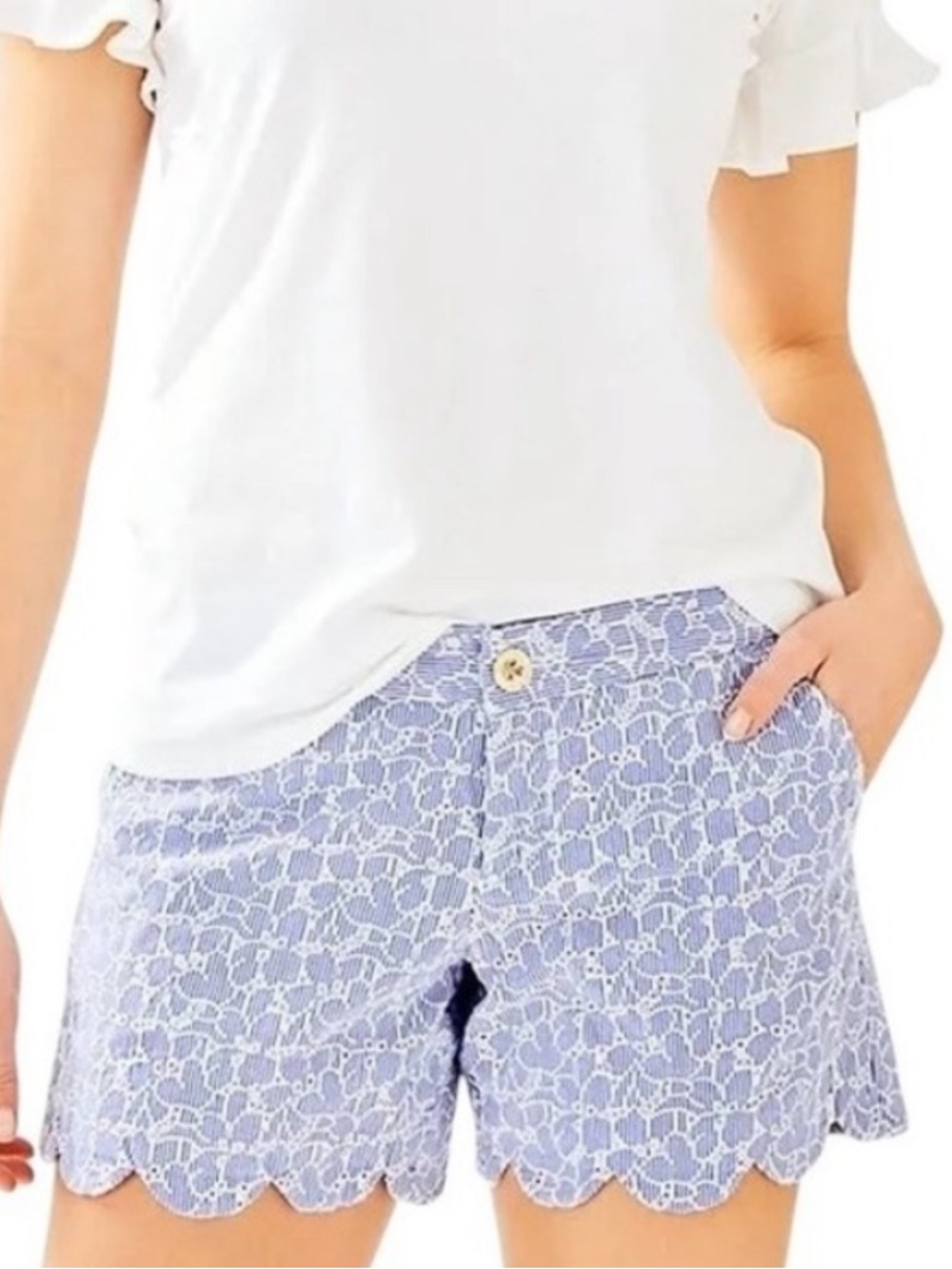 LILLY PULITZER Womens SZ 2 Buttercup Shorts Blue Yarn Dye Stripe Floral Eyelet